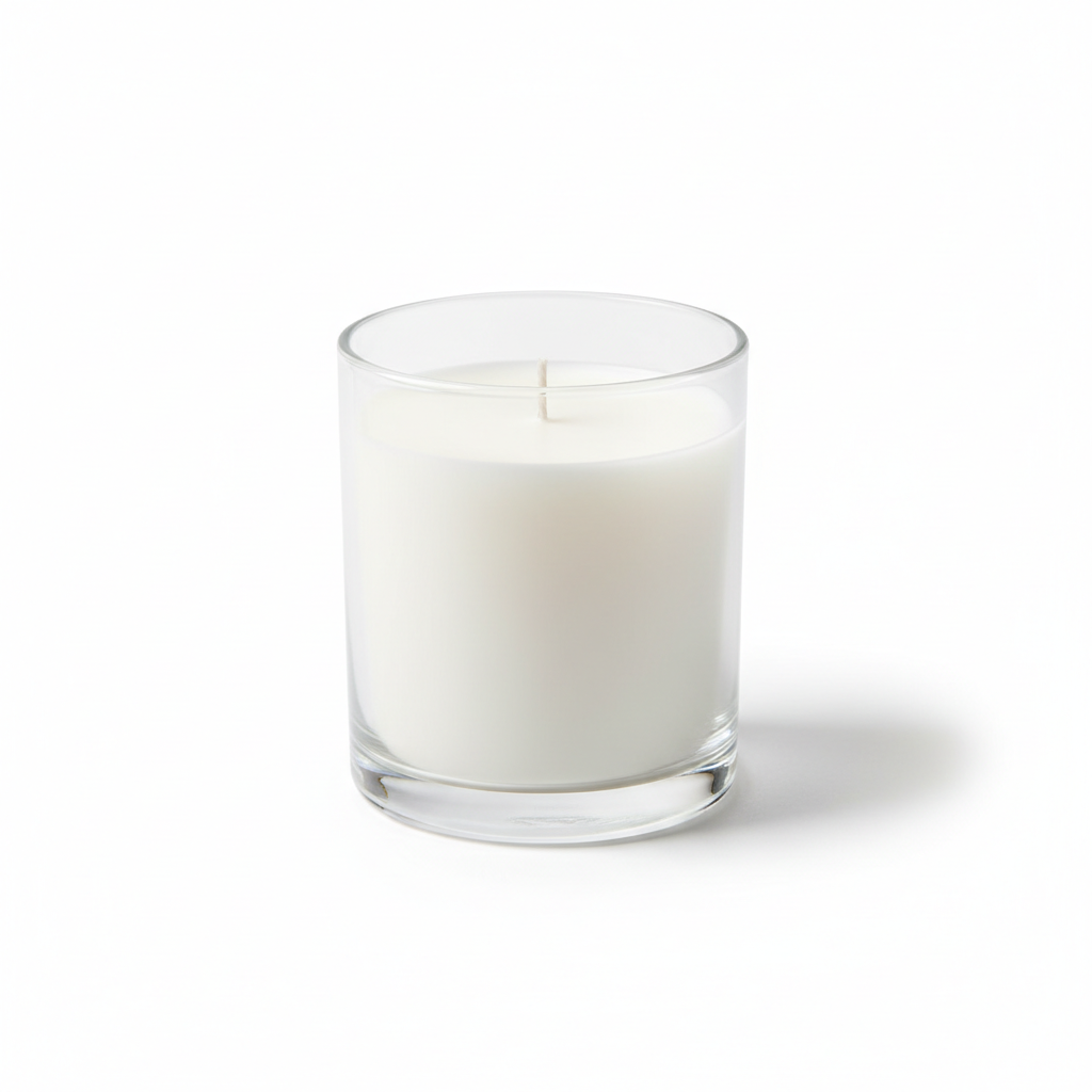Essential Candle Soft Woods su fondo bianco
