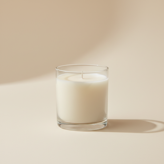 Essential Candle Soft Woods su fondo beige chiaro