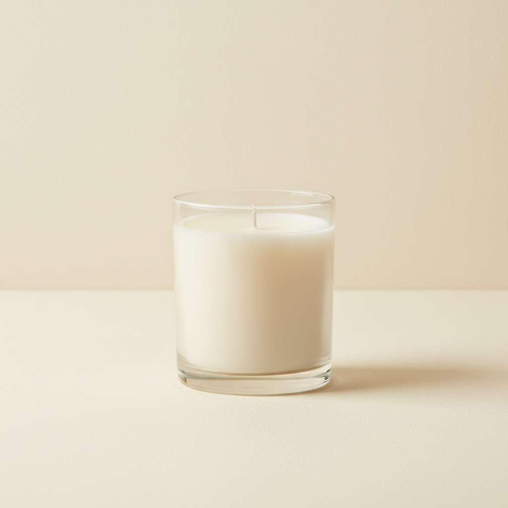 Essential Candle Soft Woods su fondo off-white